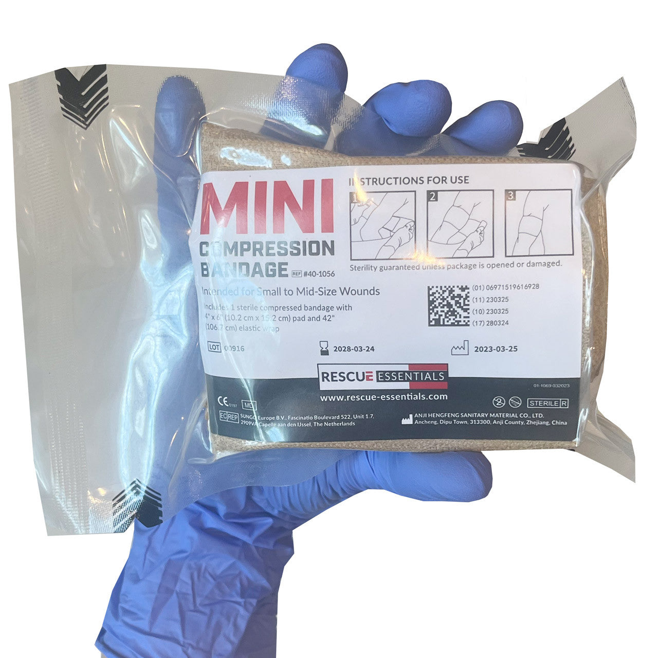 Rescue Essentials Mini Compression Bandage, Packaged held in hand