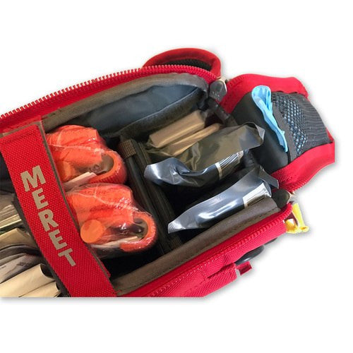 RTF First-In Response Kit by rescue essentials top pouch and side pouches open with products visible