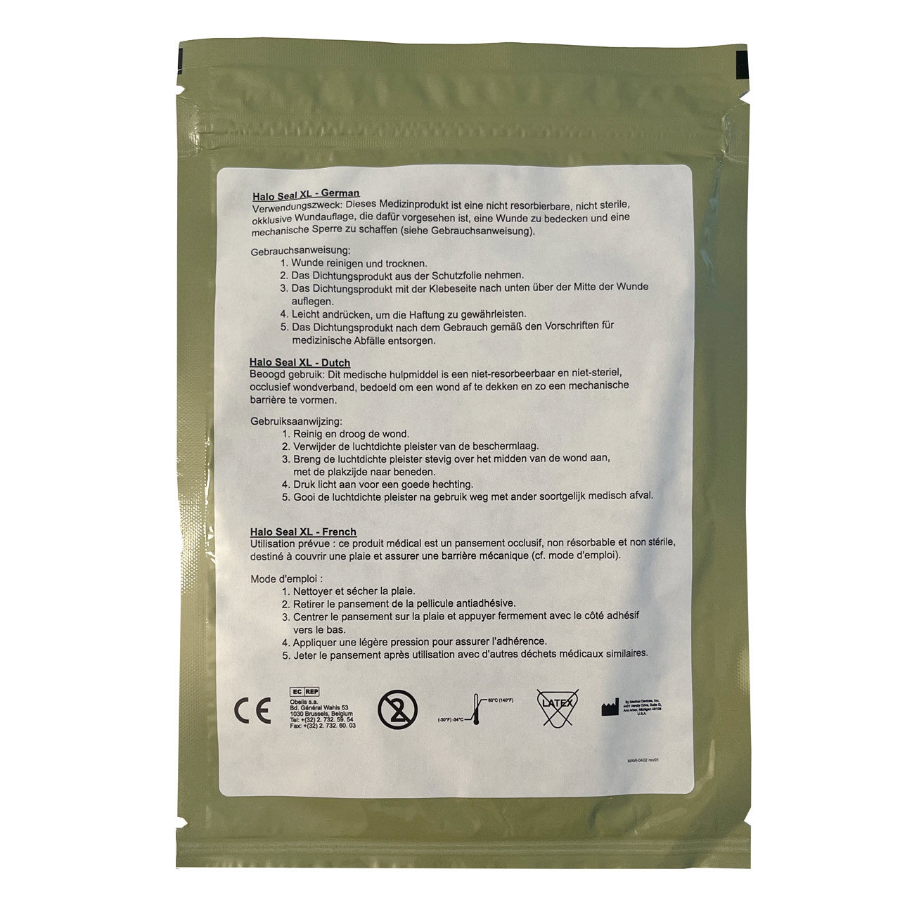 Halo XL Trauma Dressing, back of package