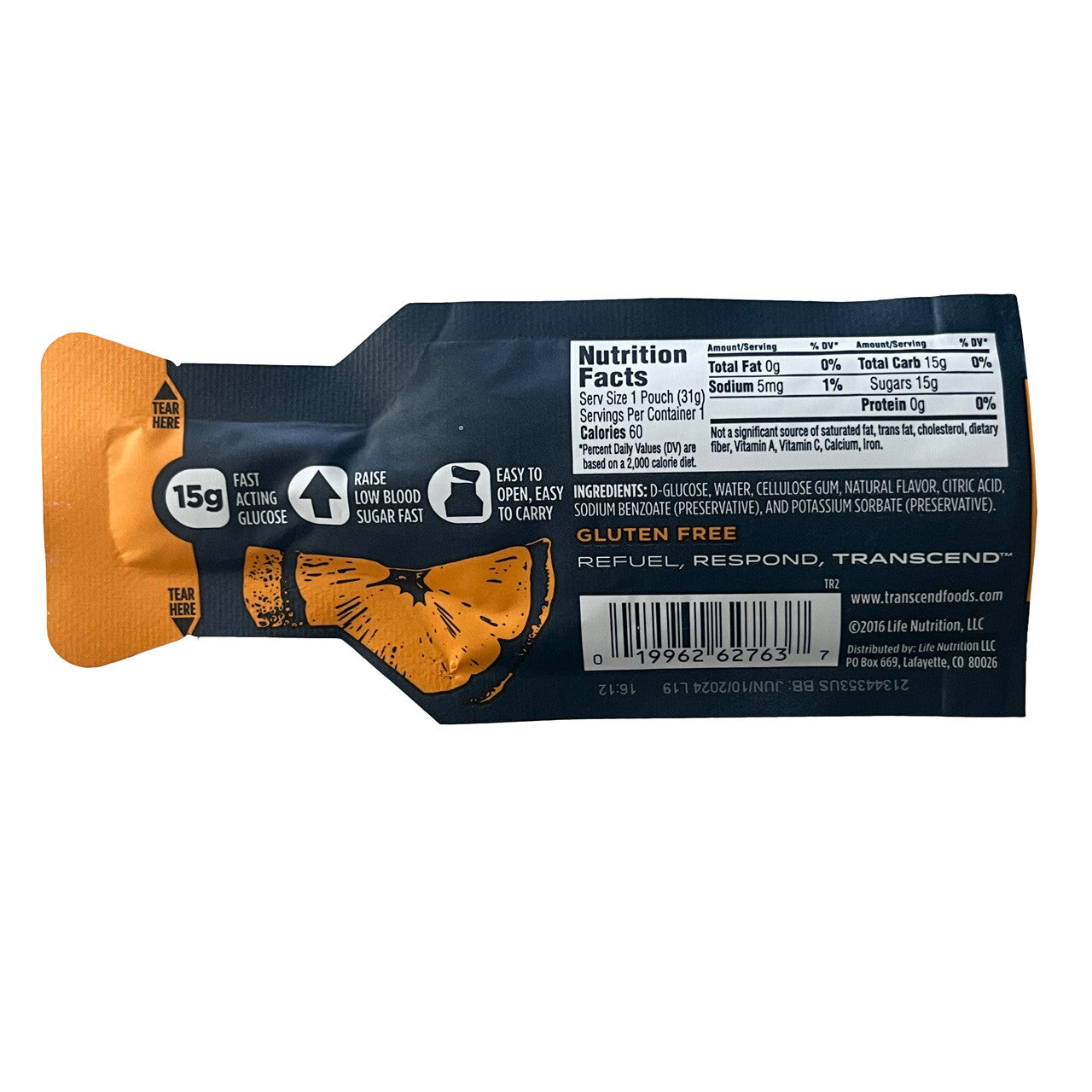 Transcend Glucose Gel, back of packaging