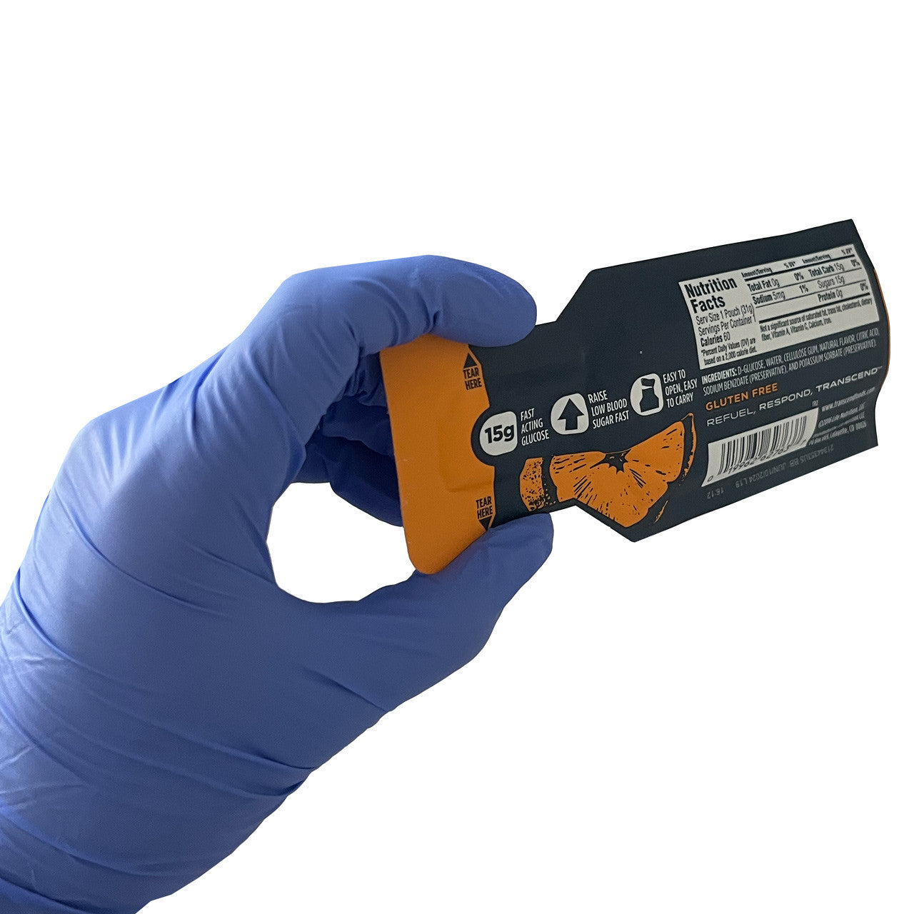 Transcend Glucose Gel, in hand (back)