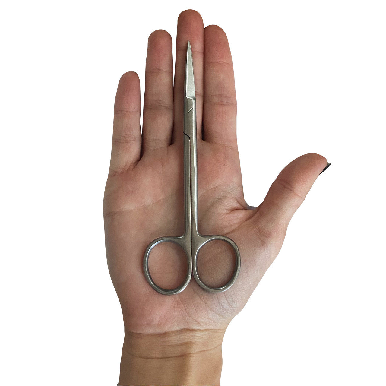 Ango 5" Iris Stainless Steel Scissors, Straight, in hand