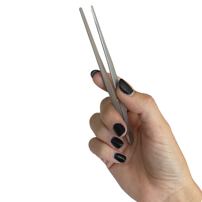 Ango 5" Stainless Steel Thumb Forceps, in hand