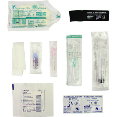 Needleless Saline Lock Kit, all contents laid out