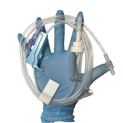 60 DPM Needleless IV Admin Set, all contents in hand