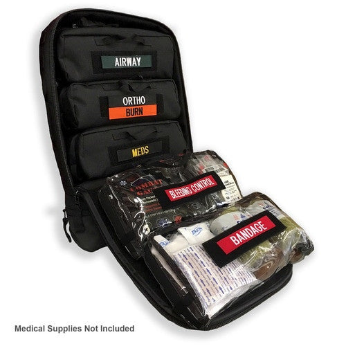 MERET Savior 7 Pro Combat Medical Pack in black, internal pouches. medical supplies not included