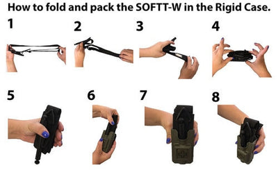 graphic, how to fold and pack the sotftt-w tourniquet and put in rigid case 