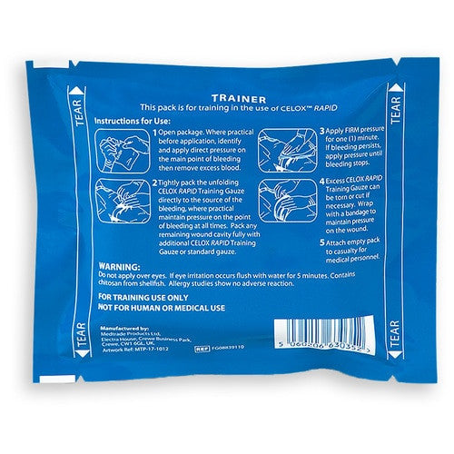 Celox Trainer Gauze, back of packaging