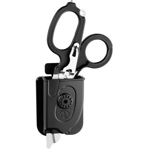 Leatherman RAPTOR Emergency Medical Tool with black handle open in sheath