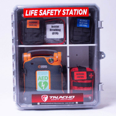 Life Safety Station showing AED and stop the bleed ifak