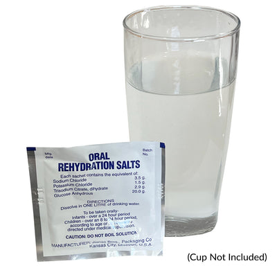 Jianas Brothers Oral Rehydration Salts in package with glass