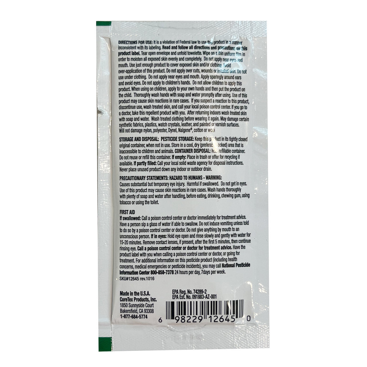 BugX® Towelette, back of packaging 