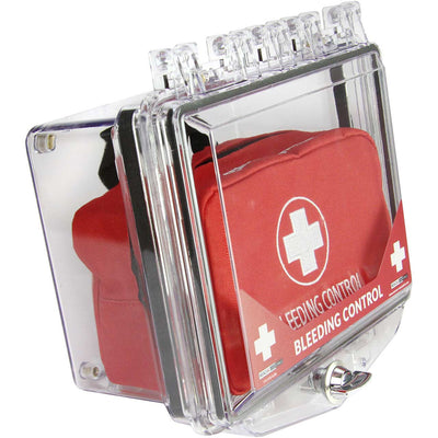 Wall Mount Cabinet for Bleeding Control Kits shown with Stop the Bleed kit side quarter view