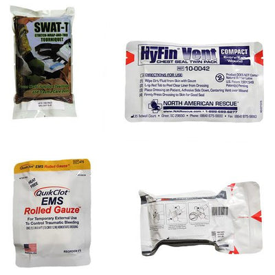 Rescue Essentials Ankle Trauma Kit showing kit contents, SWAT Tourniquet, Israeli bandage, quikclot hemostatic gauze and hyfin chest seal. 