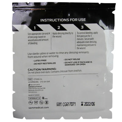 Chito-SAM™ 100 Hemostatic Dressing, back of packaging