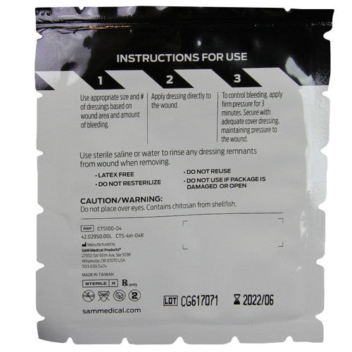 Chito-SAM™ 100 Hemostatic Dressing, back of packaging