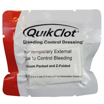 Combat Gauze hemostatic dressing by QuikClot z-folded 3 inch x 4 yards package front