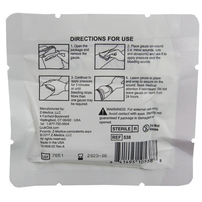 Combat Gauze hemostatic dressing by QuikClot z-folded 3 inch x 4 yards package back