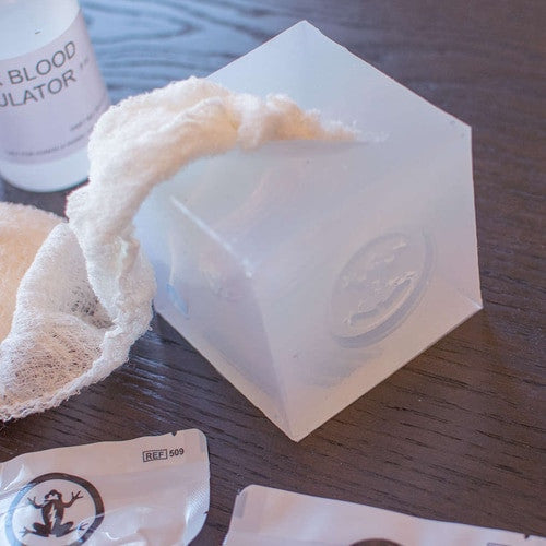 Wound Cube by Phokus Research with bleeding control gauze packed in simulated knife wound