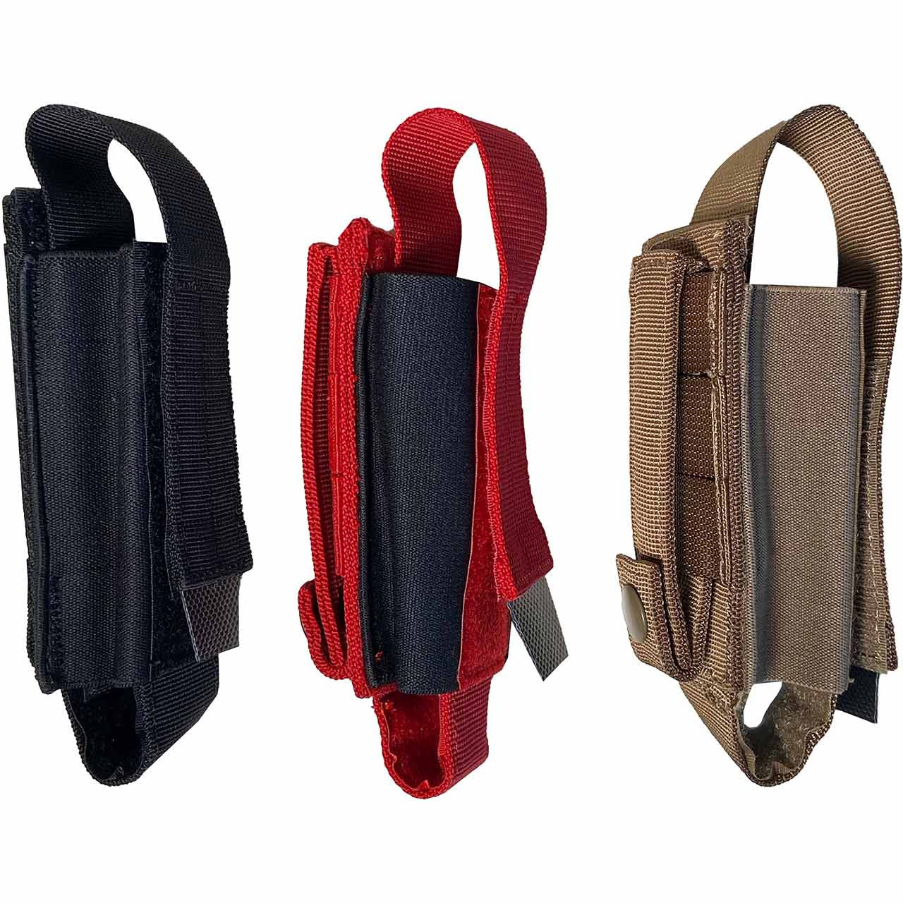 Universal Tourniquet Holder, side view of the all black, red with black tab, and coyote with black tab
