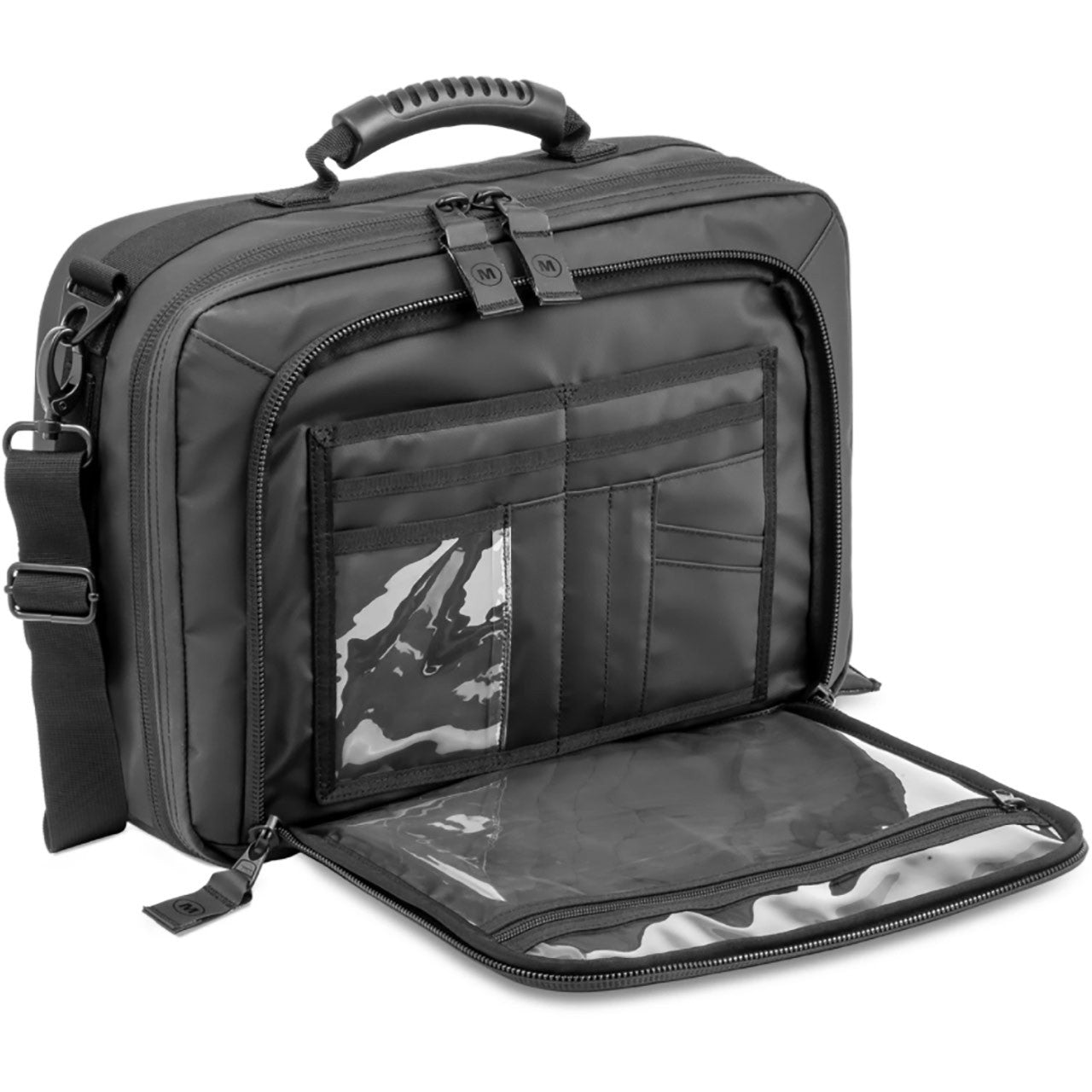 Meret G2 Pro X medical supply shoulder bag, black, with front pocket open showing internal pockets