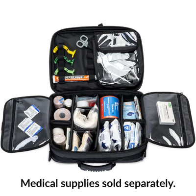 Meret G2 Pro X medical supply shoulder bag, black, with main compartment open showing an example loadout of medical supplies