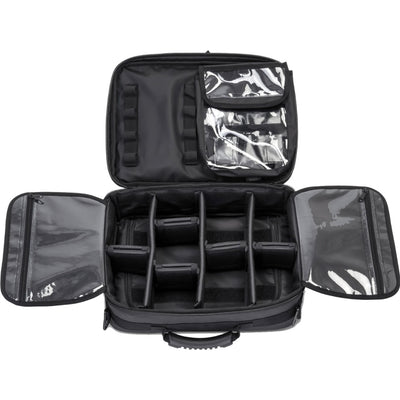 Meret G2 Pro X medical supply shoulder bag, black, with main compartment open showing the included dividers and internal organization