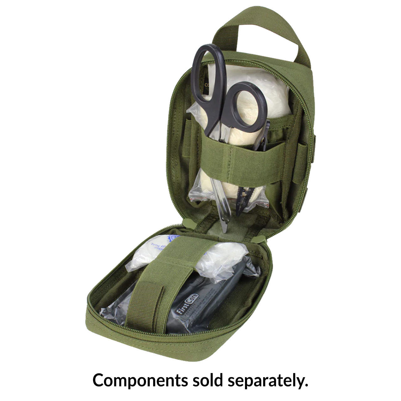 Green Rip-Away EMT Lite, open with supplies