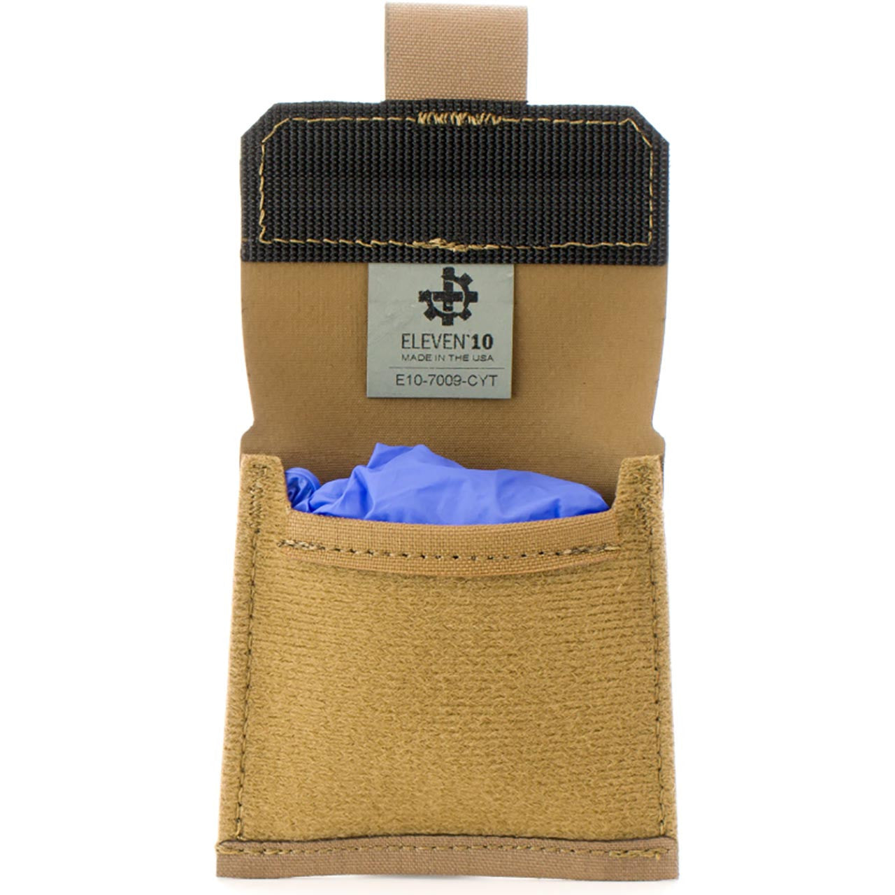 Tan Glove Pouch, open with glove (front)