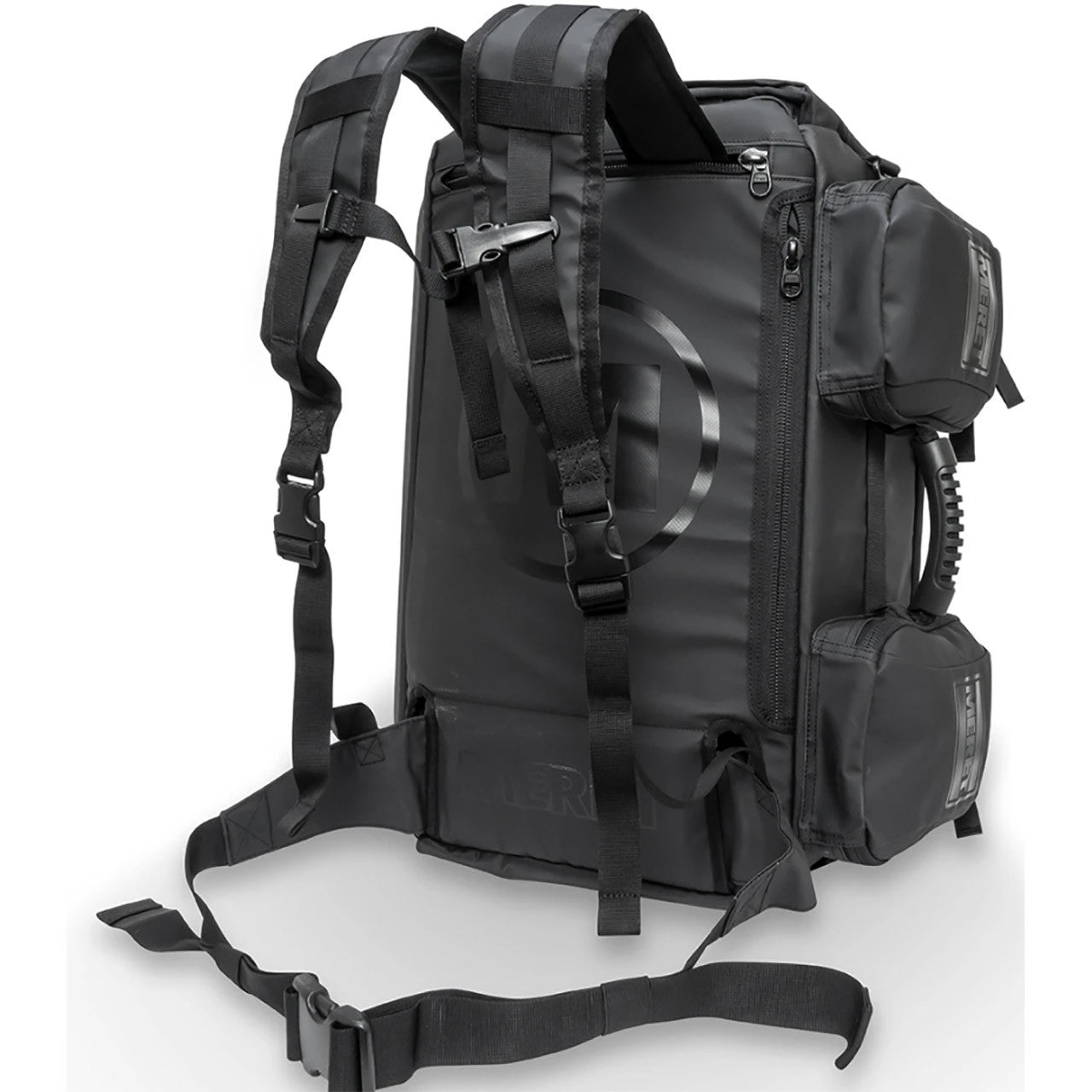 OMNI PRO X Bag by Meret in black color showing shoulder straps, quarter view