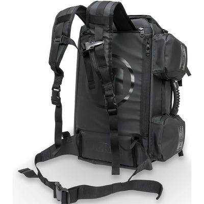OMNI PRO X Bag by Meret in black color showing shoulder straps, quarter view