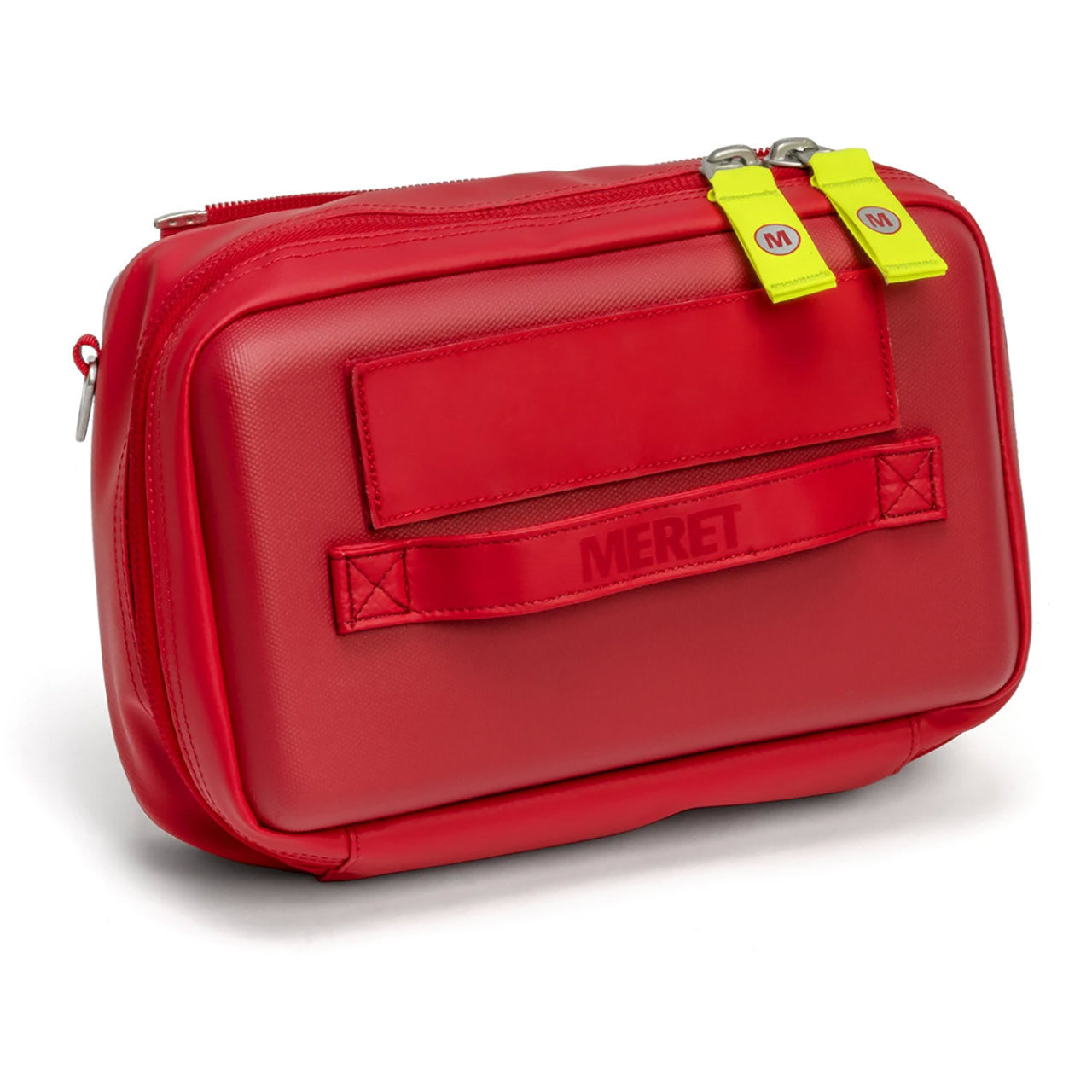 Meret medkit pro X medications module closed, in red with yellow zipper pull tags color
