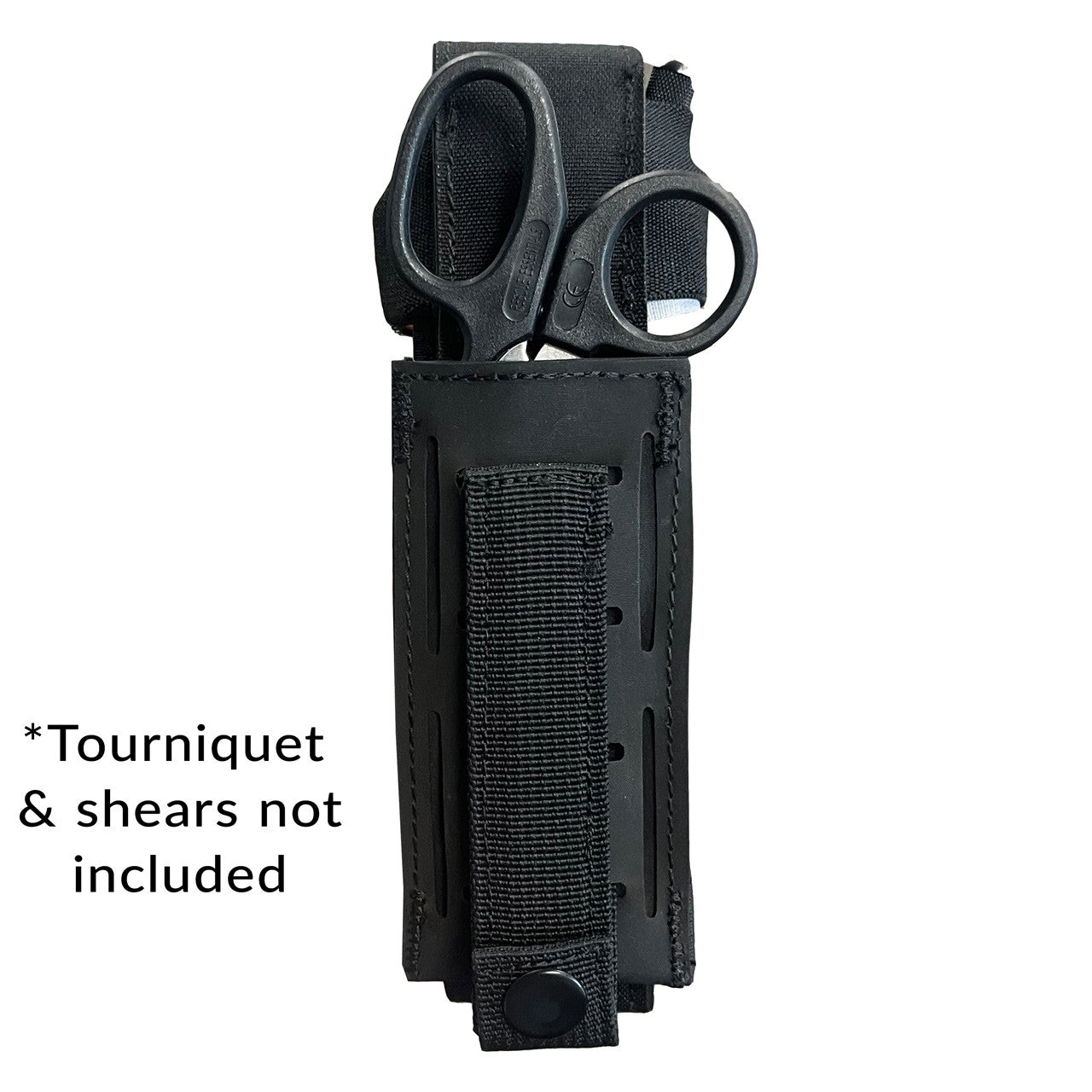 Black Universal Tourniquet Holder Gen2, with TQ and shears, back