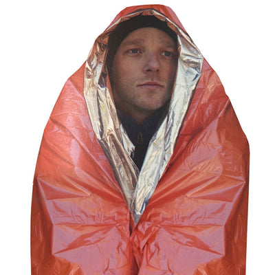 Heatsheets® Survival Blanket, in use, on person