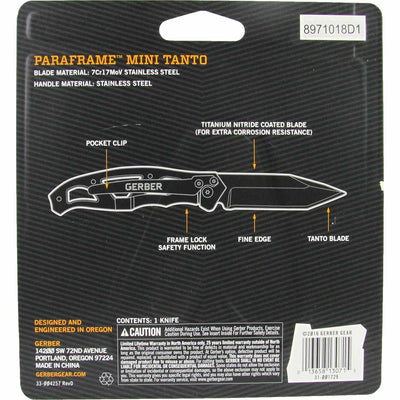 Gerber Paraframe Mini Tanto Blade Knife, packaged - back