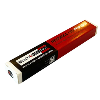 Rescue Essentials Reusable LED Penlight in packaging, Angled view