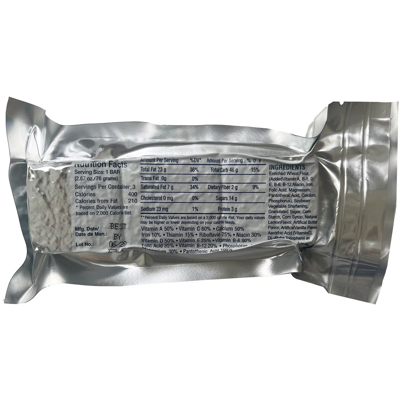 Emergency Food Energy Bar, Back of packaging 