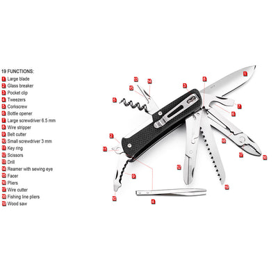 Ruike M51 Multi-Functional Knife, open position with each tool described.