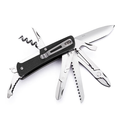Ruike M51 Multi-Functional Knife, open position with all multitools displayed. 