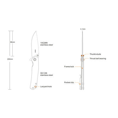 Ruike P801 EDC folding knife, all angles descriptive view.
