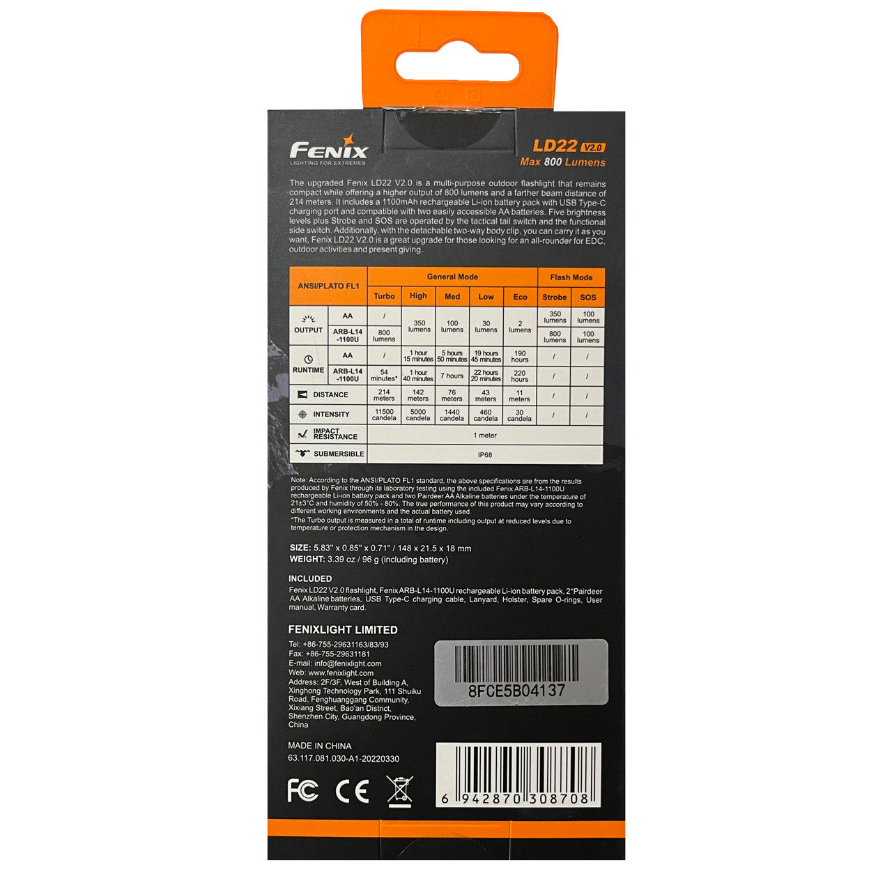 Fenix LD22 V2.0 Flashlight packaged, back