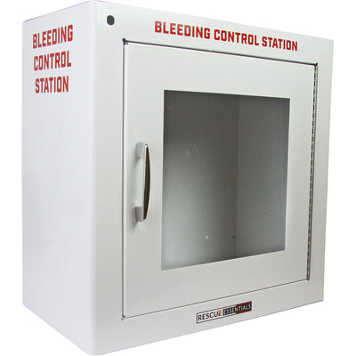 Bleeding Control Station by rescue essentials showing metal box, empty