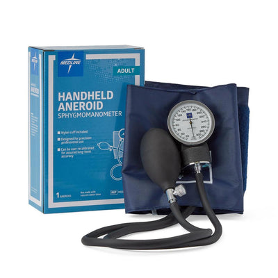  PVC Handheld Aneroid Sphygmomanometer for Adults, Front of cuff and box view.