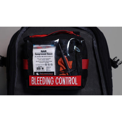 MED Module, example in use with medical components and BLEEDING CONTROL name tape on backpack