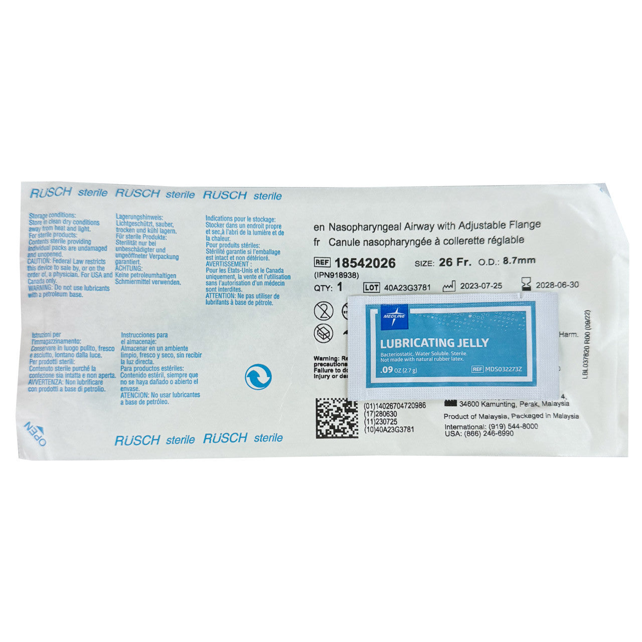Rusch® Latex-Free Robertazzi Nasopharyngeal Airway w/ Lube, front of packaging 