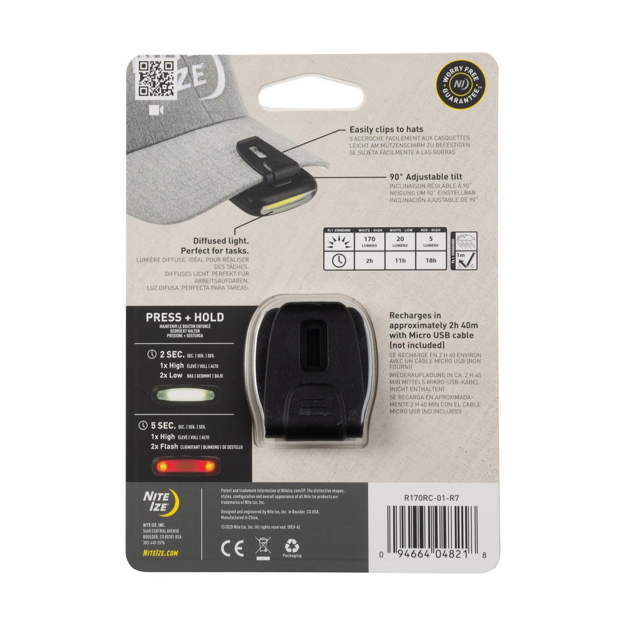 Radiant® 170 Rechargeable Clip Light, back packaged