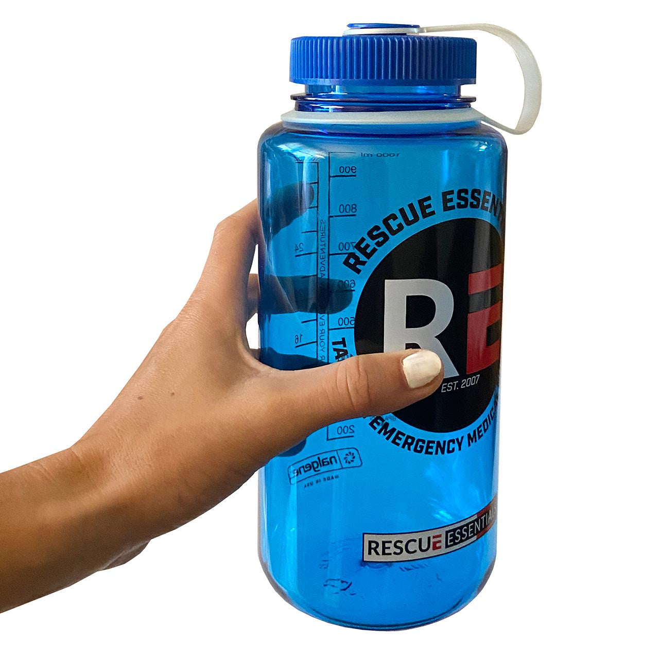 Rescue Essentials Wide Mouth Nalgene Bottle, blue and white lid, in hand