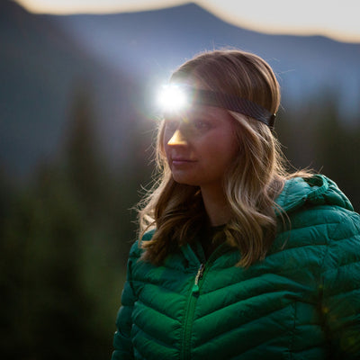 Radiant® RH2™ PowerSwitch™ Rechargeable Headlamp, on head in use