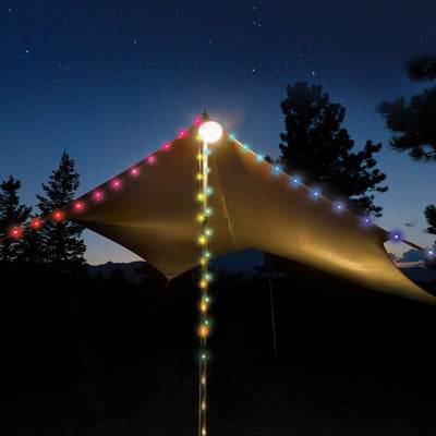 Radiant® StarLit™ Rechargeable Lantern + String Light, string lights hung