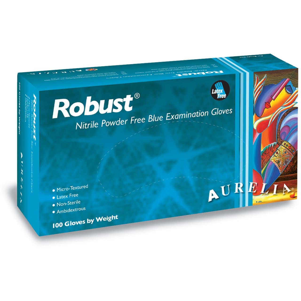  Aurelia Robust - Soft Nitrile Blue Exam Glove, Front of box view.